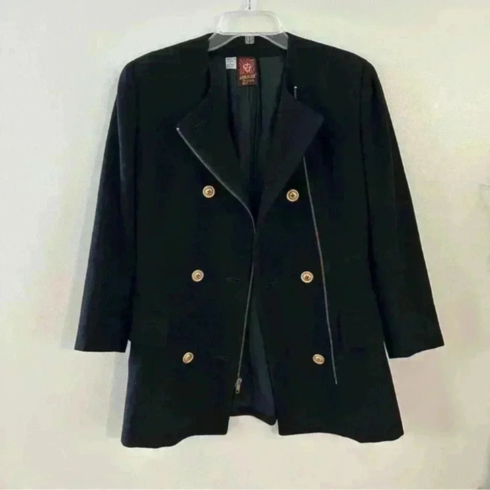 Vintage Anne Klein Double Breasted Womens Blazer 100% Wool Black Size 8